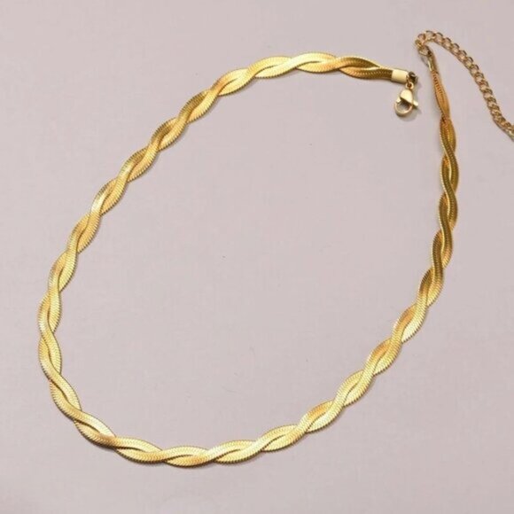 Gold Herringbone Twist Necklace Waterproof Necklace Gorgeous Layering Necklace - Picture 10 of 15